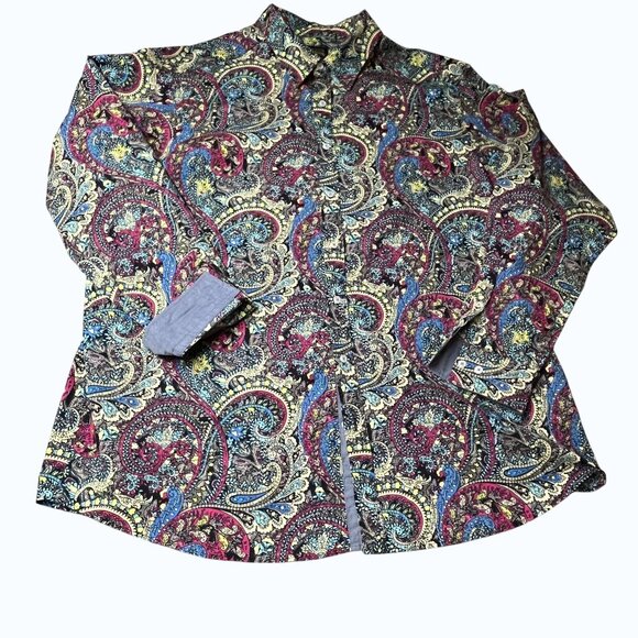 Cremieux Premium Denim Paisley Long Sleeve Button-Down Shirt 3XT Flip Cuff - Picture 2 of 10